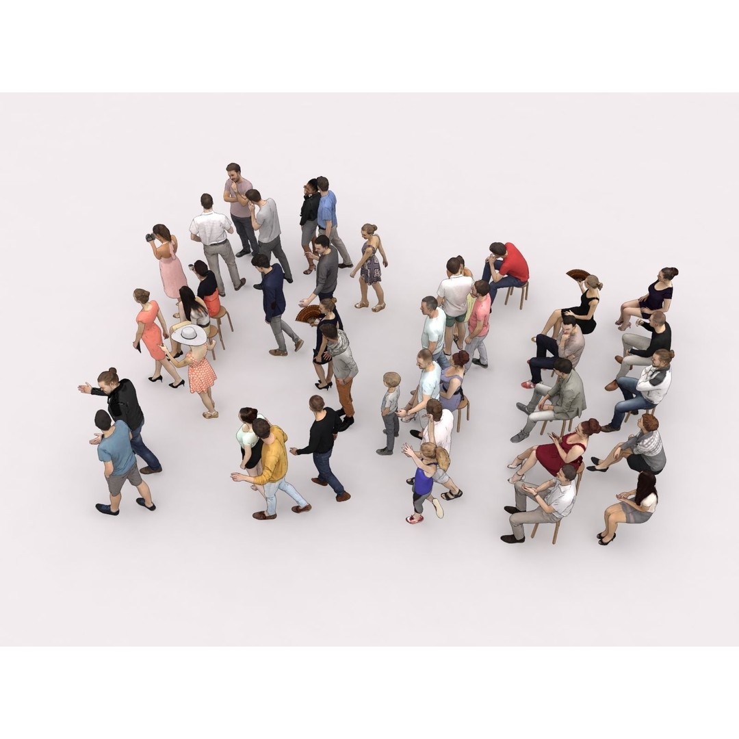 Crowd of 40 Scanned Characters 3D Model – Low Poly Elegant Sitting People - View 8