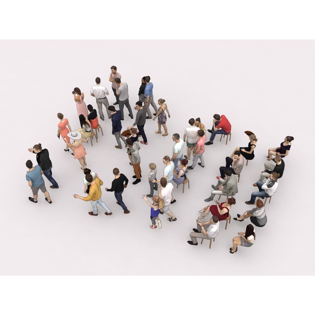 Crowd of 40 Scanned Characters 3D Model – Low Poly Elegant Sitting People - View 9