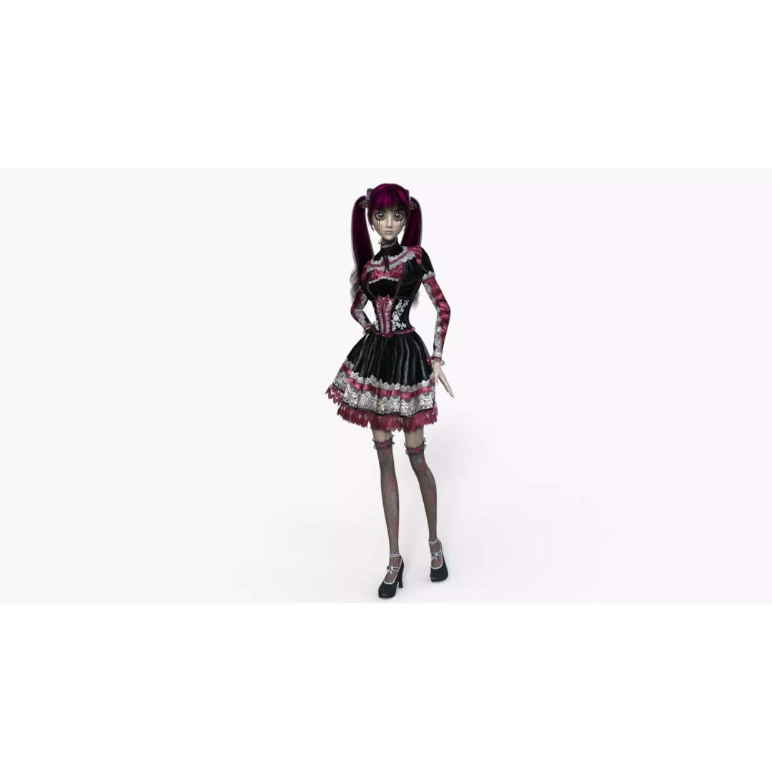 Gothic Girl 3D Model – Low Poly Character, Rigged, PBR, FBX - View 14