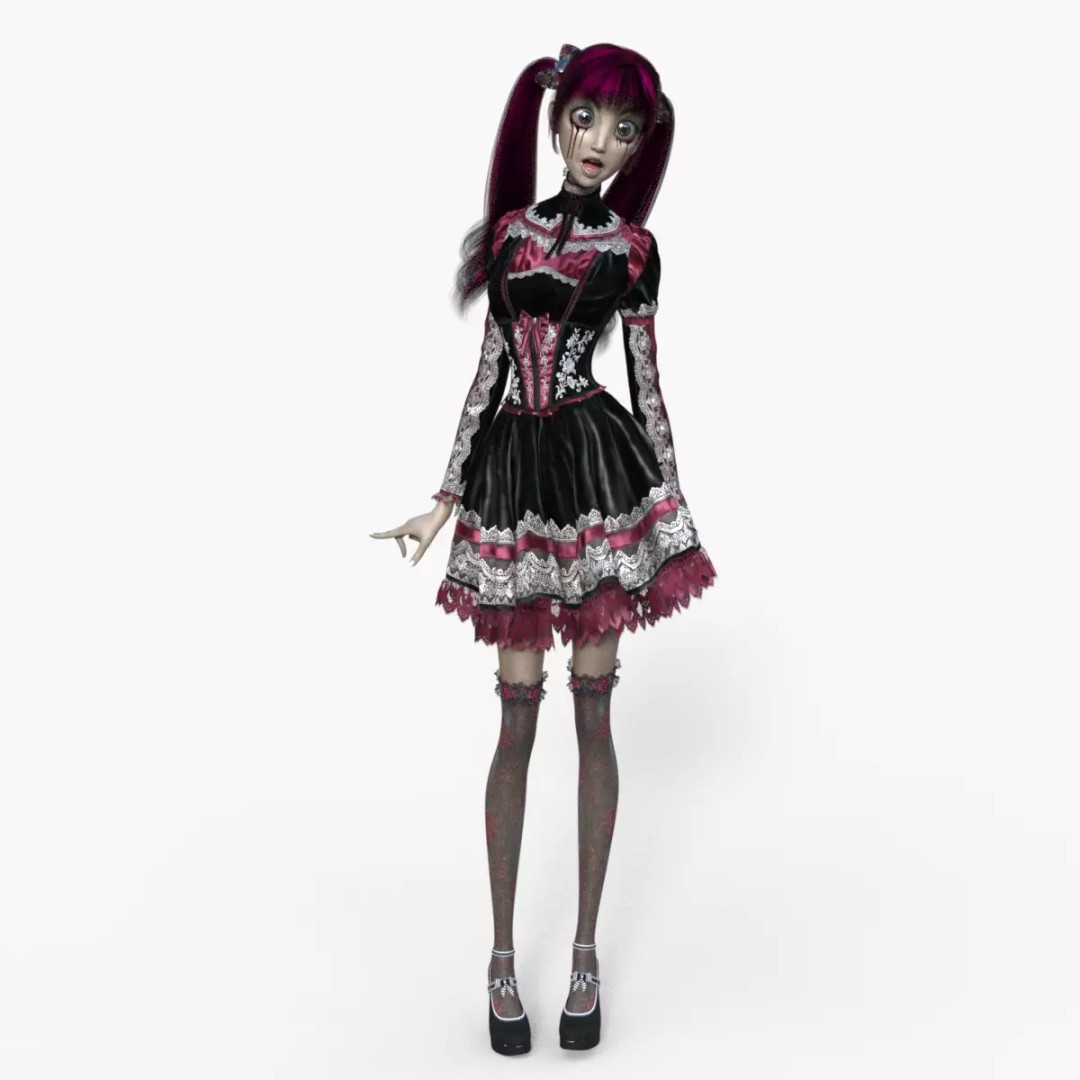 Gothic Girl 3D Model – Low Poly Character, Rigged, PBR, FBX - View 20