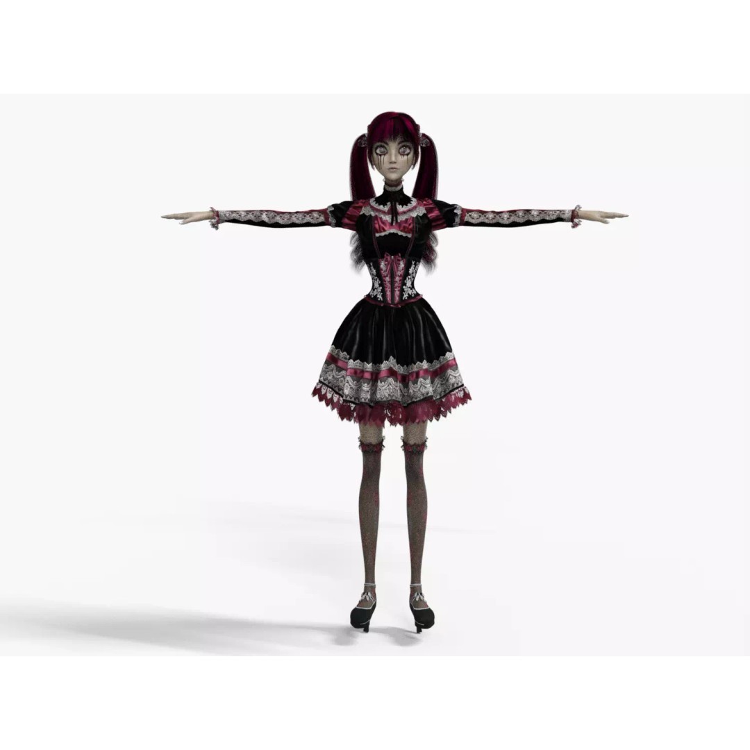 Gothic Girl 3D Model – Low Poly Character, Rigged, PBR, FBX - View 22
