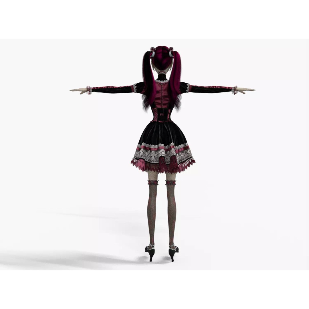 Gothic Girl 3D Model – Low Poly Character, Rigged, PBR, FBX - View 23