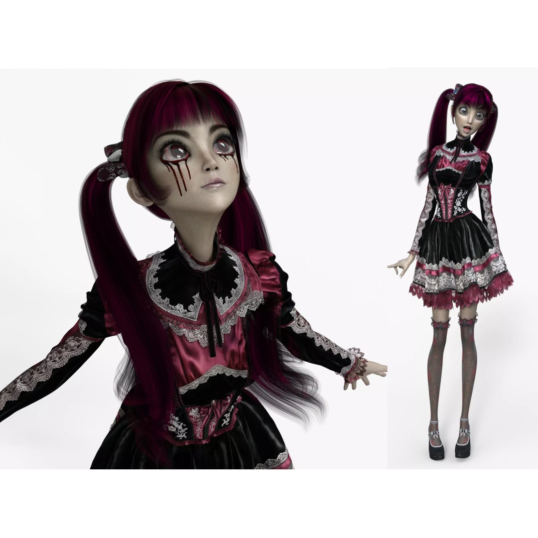 Gothic Girl 3D Model – Low Poly Character, Rigged, PBR, FBX - View 3