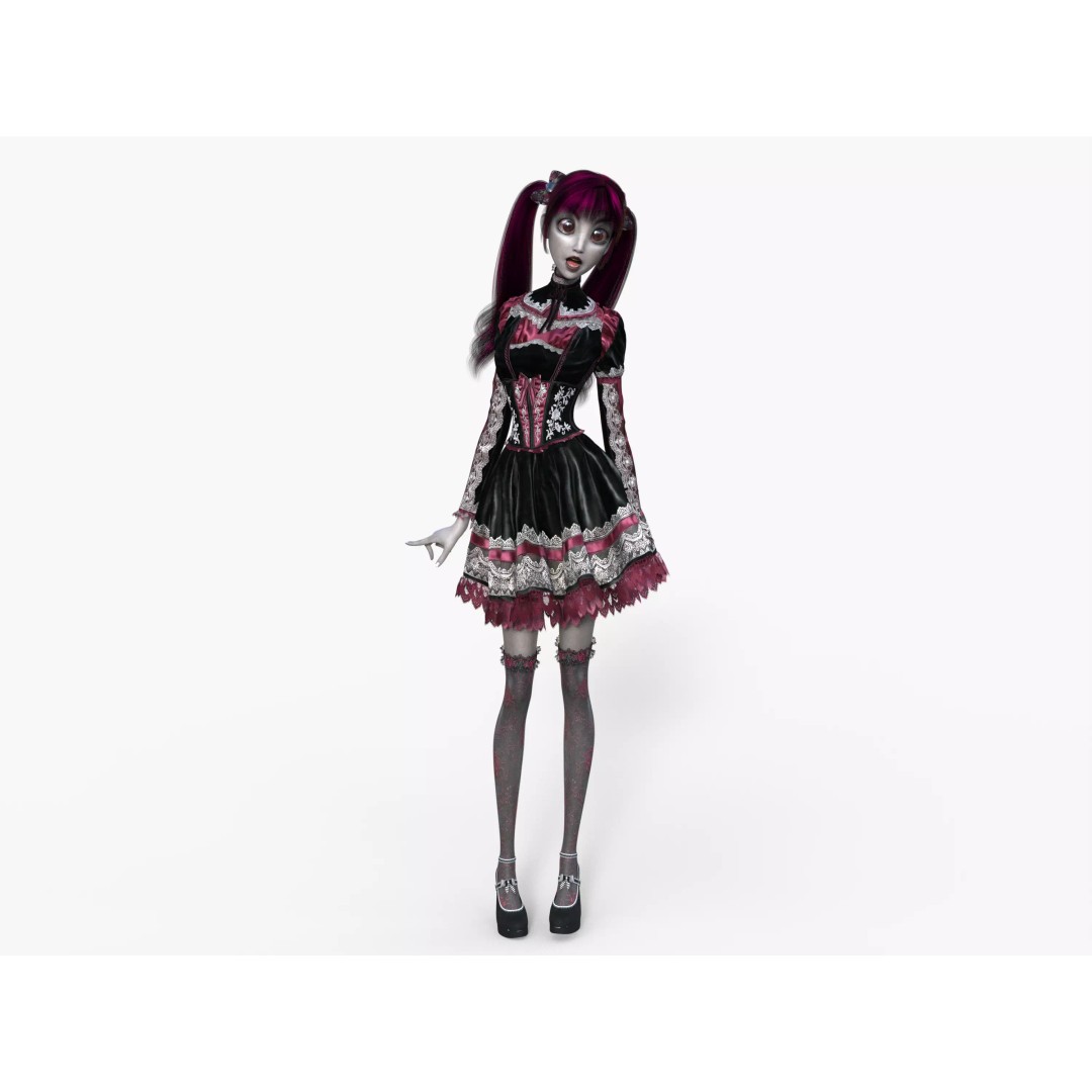 Gothic Girl 3D Model – Low Poly Character, Rigged, PBR, FBX - View 4