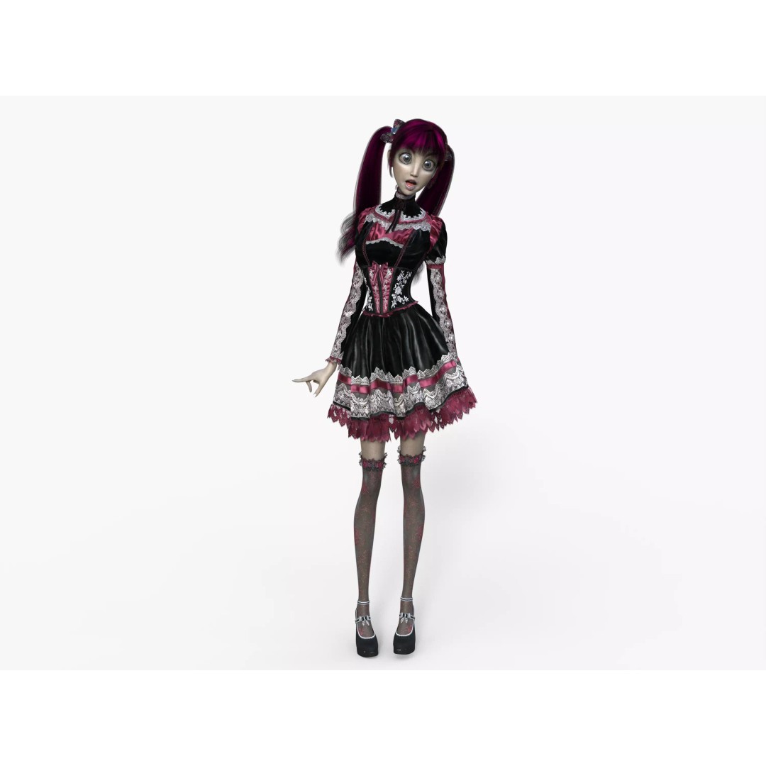 Gothic Girl 3D Model – Low Poly Character, Rigged, PBR, FBX - View 7