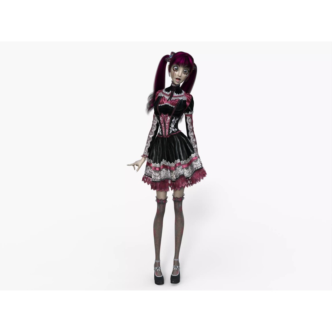 Gothic Girl 3D Model – Low Poly Character, Rigged, PBR, FBX - View 8