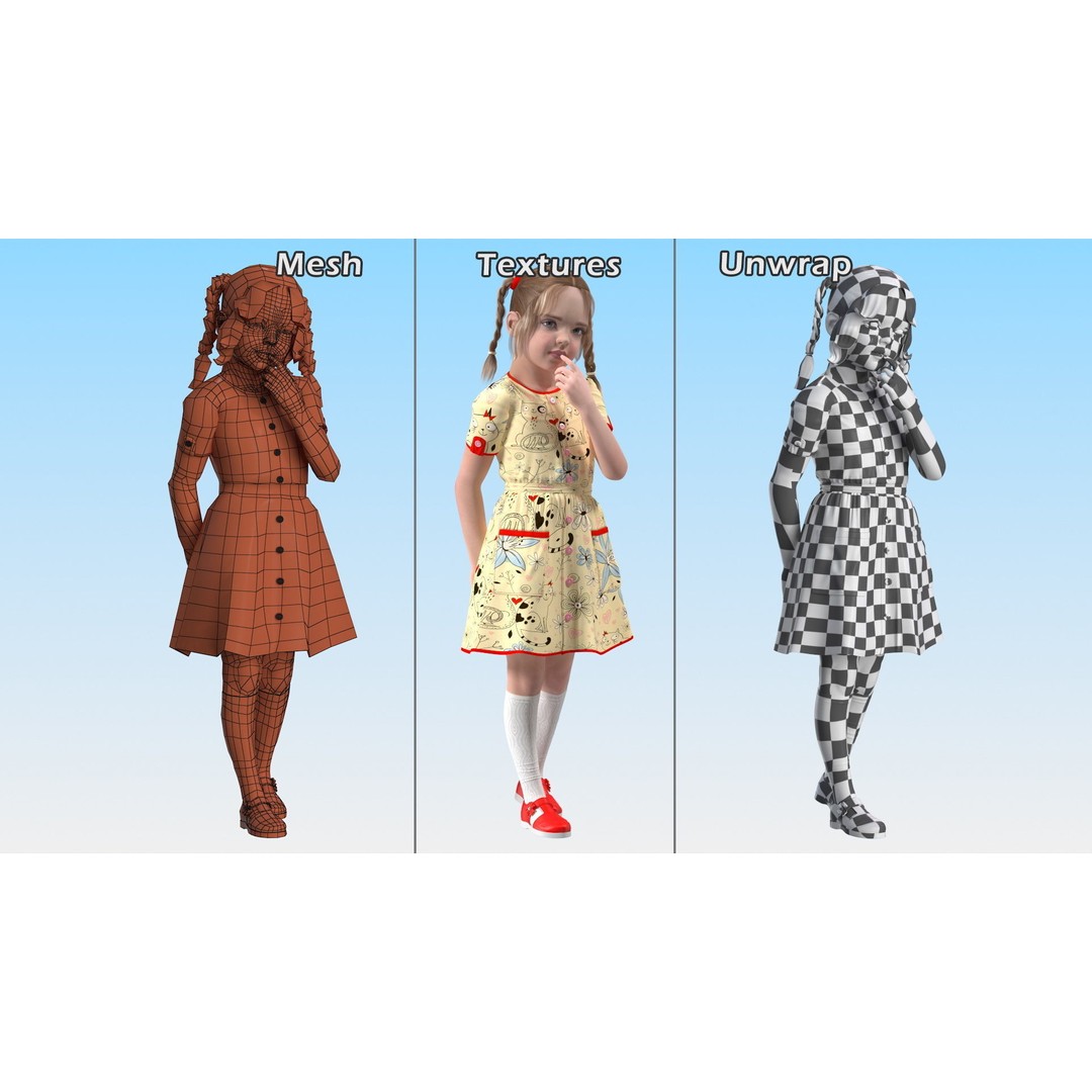 Child Girl 3D Model – Casual Fashion Character, PBR Textures - View 14