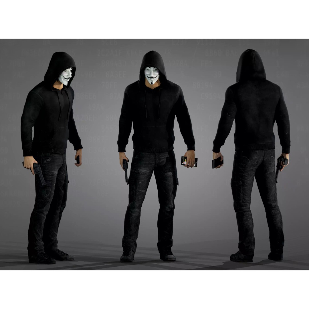 Anonymous Hacker 3D Model – Low Poly Rigged Character, FBX, OBJ - View 2