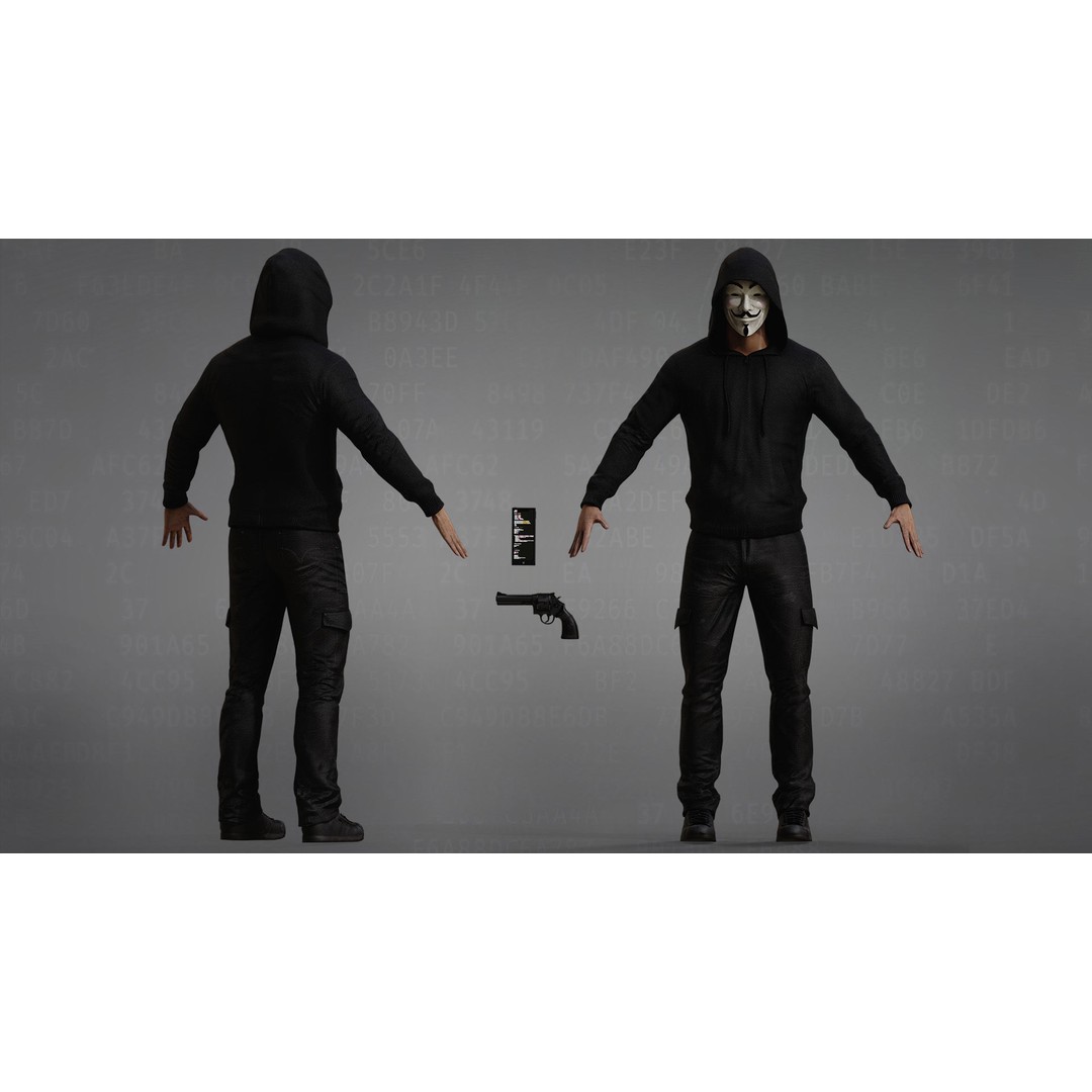 Anonymous Hacker 3D Model – Low Poly Rigged Character, FBX, OBJ - View 3