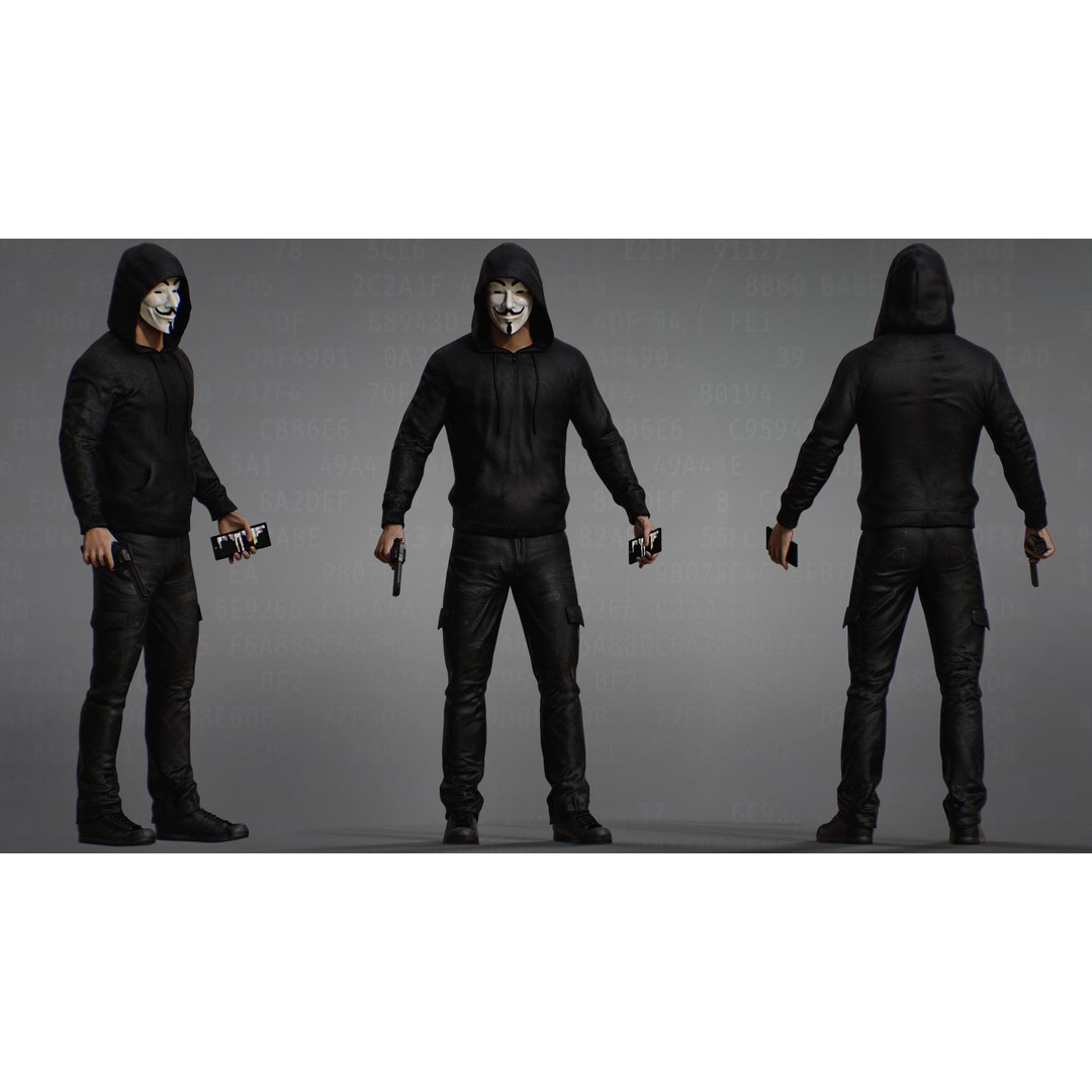Anonymous Hacker 3D Model – Low Poly Rigged Character, FBX, OBJ - View 4