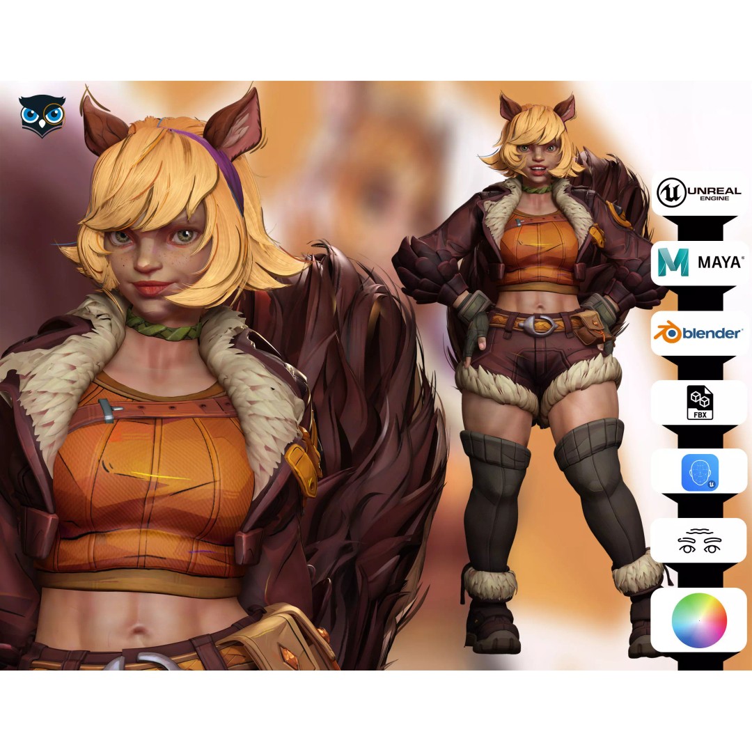 Squirrel Girl 3D Model – Low Poly Rigged Character for Animation - View 2
