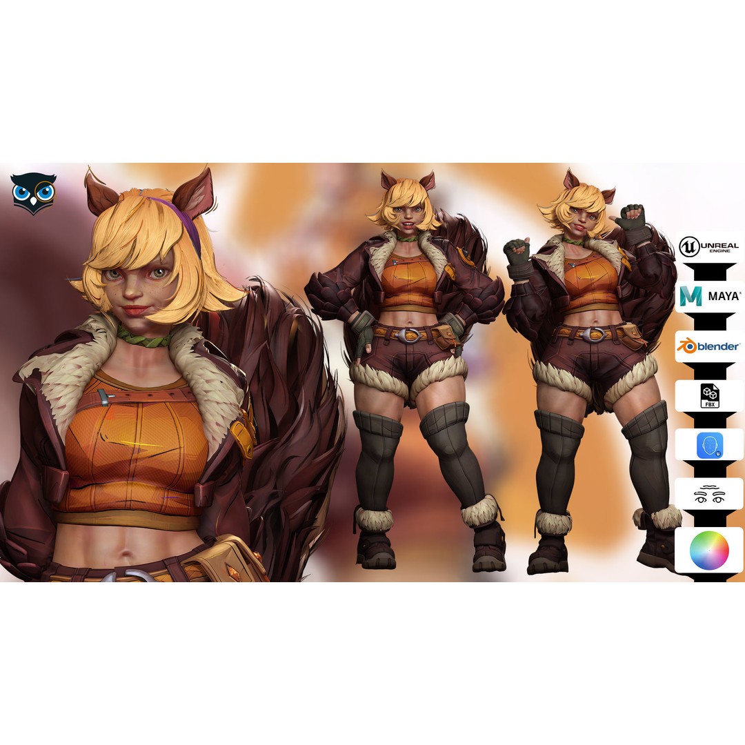 Squirrel Girl 3D Model – Low Poly Rigged Character for Animation - View 3