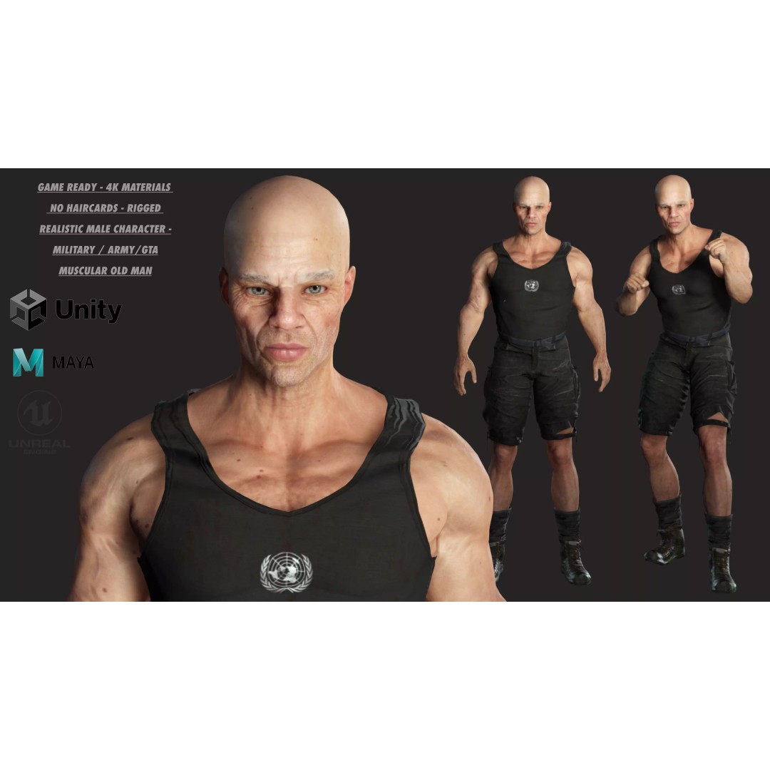 Muscular Old Man 3D Model – Game Ready Low Poly Character, FBX - View 2