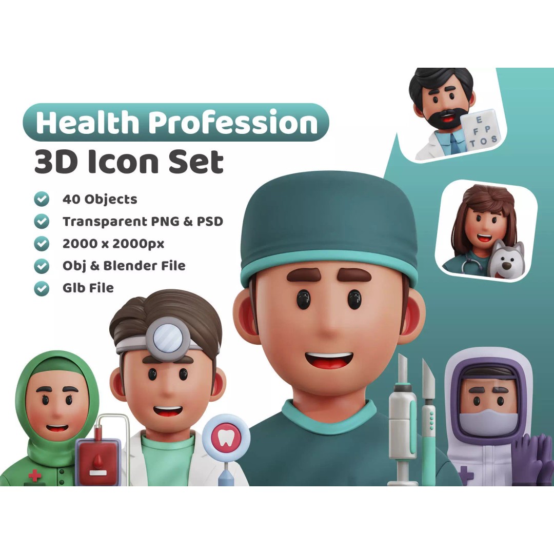 Health Profession Icon Pack 3D Model – Low Poly Medical Characters, OBJ, JPG - View 2
