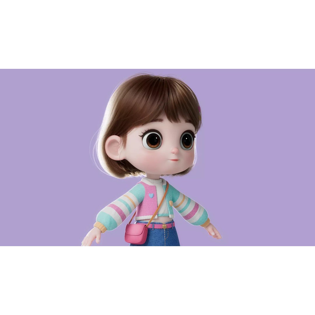 Cartoon Girl 3D Model – High Poly Character Ready to Rig, FBX - View 12