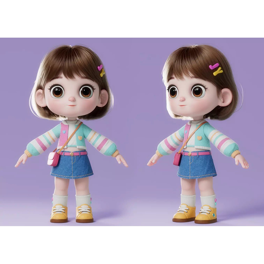 Cartoon Girl 3D Model – High Poly Character Ready to Rig, FBX - View 2