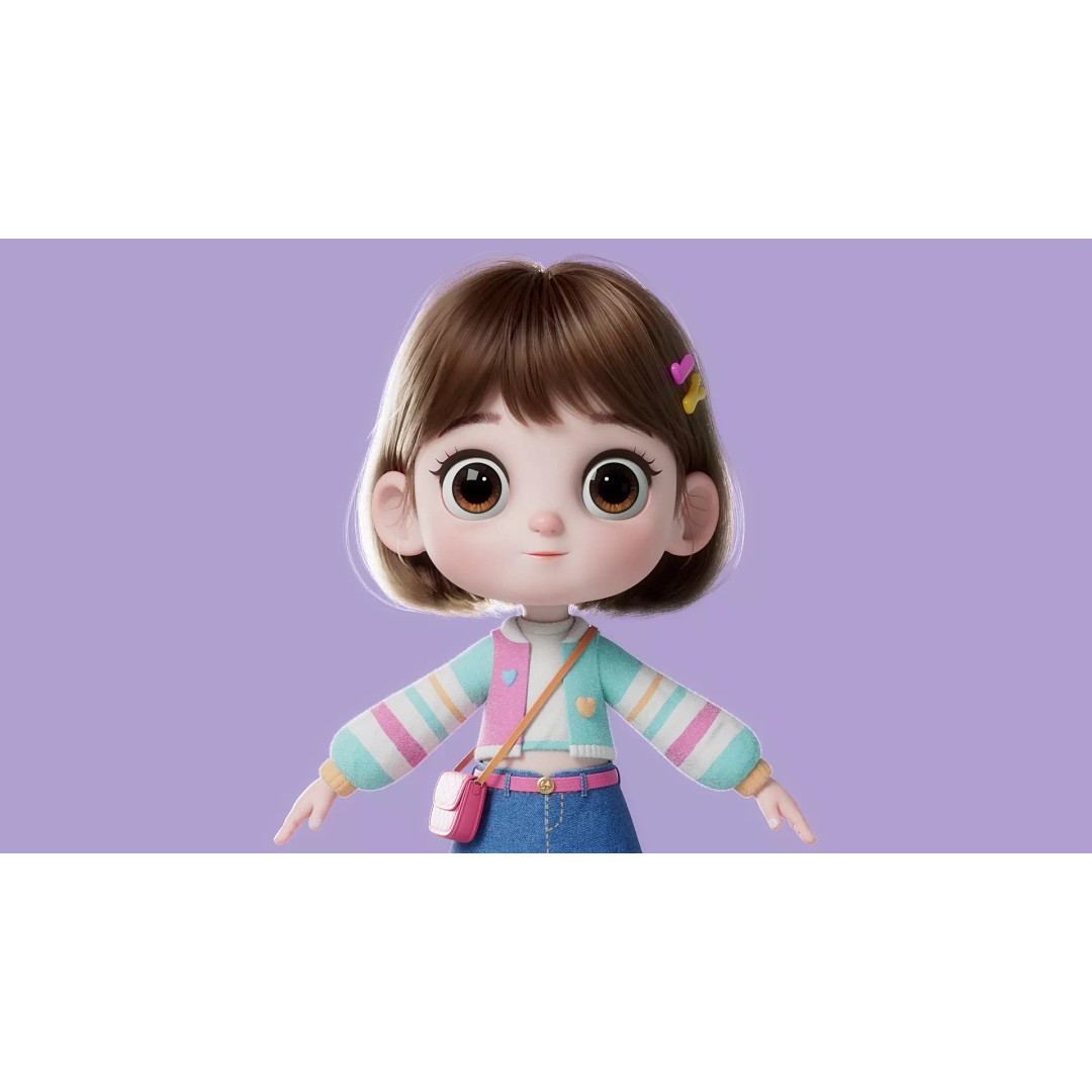 Cartoon Girl 3D Model – High Poly Character Ready to Rig, FBX - View 3
