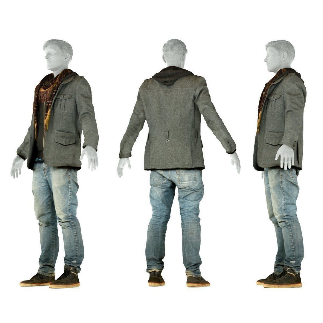Male Casual Outfit 3D Model – Low Poly Jacket, Scarf, Jeans, Shoes - View 10