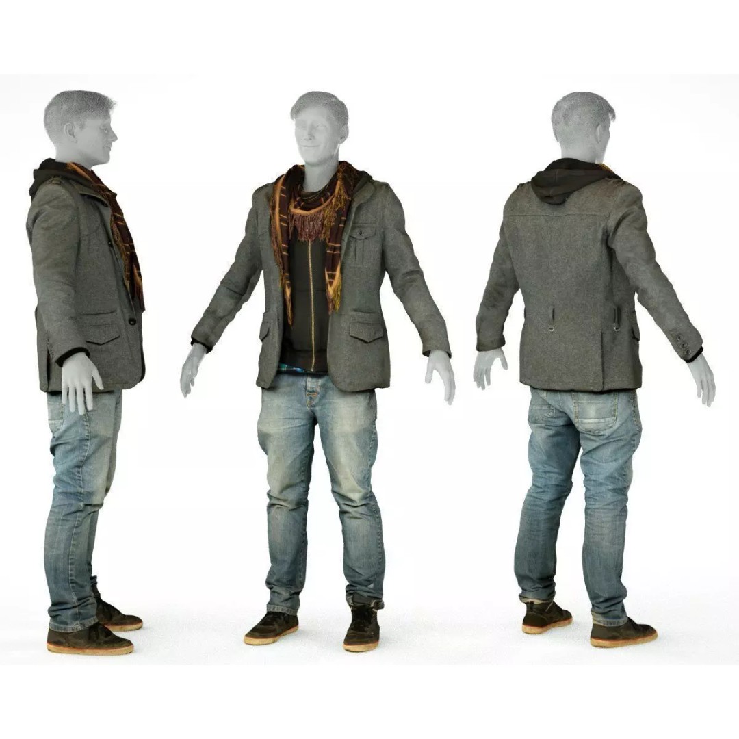 Male Casual Outfit 3D Model – Low Poly Jacket, Scarf, Jeans, Shoes - View 2