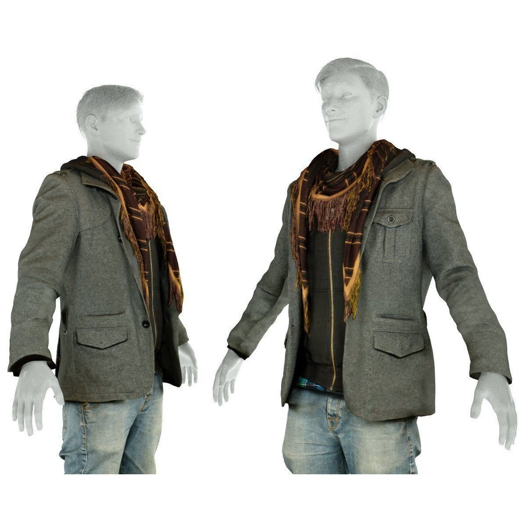 Male Casual Outfit 3D Model – Low Poly Jacket, Scarf, Jeans, Shoes - View 3