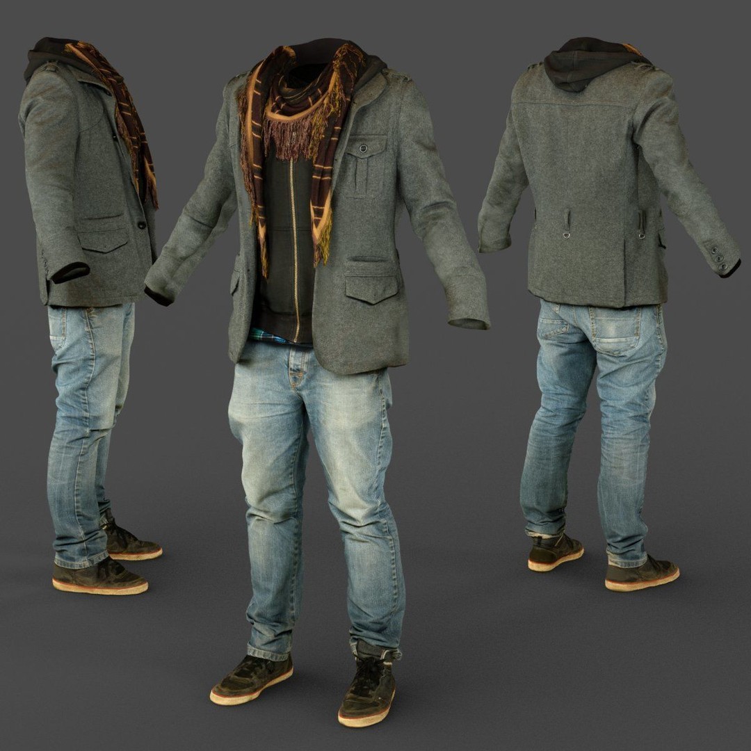 Male Casual Outfit 3D Model – Low Poly Jacket, Scarf, Jeans, Shoes - View 4