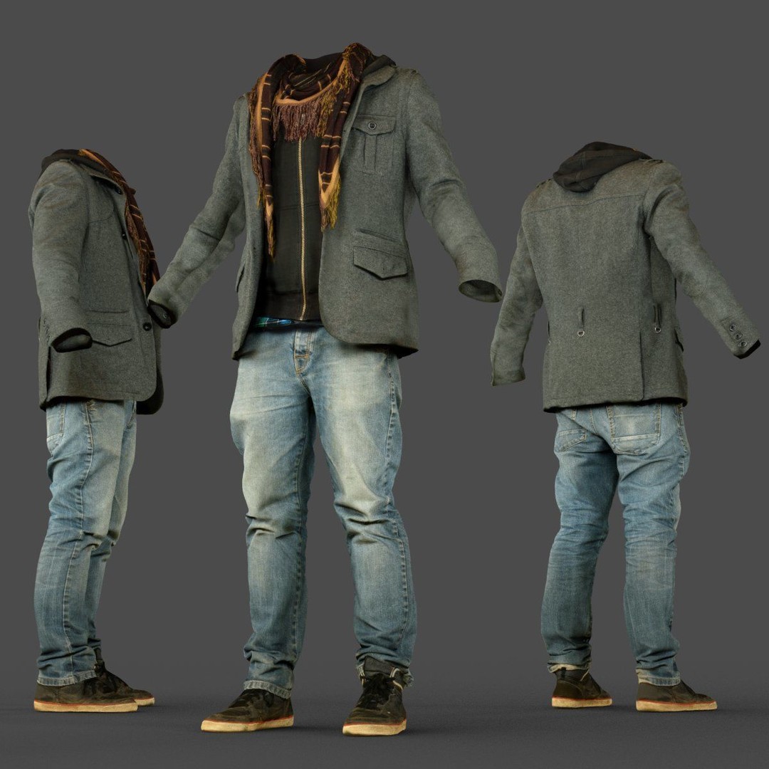 Male Casual Outfit 3D Model – Low Poly Jacket, Scarf, Jeans, Shoes - View 5