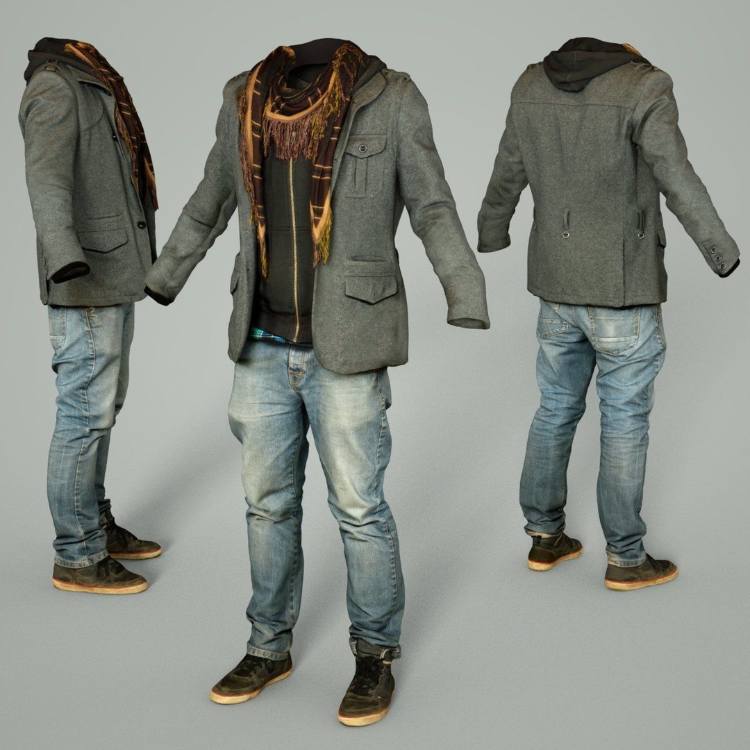 Male Casual Outfit 3D Model – Low Poly Jacket, Scarf, Jeans, Shoes - View 6