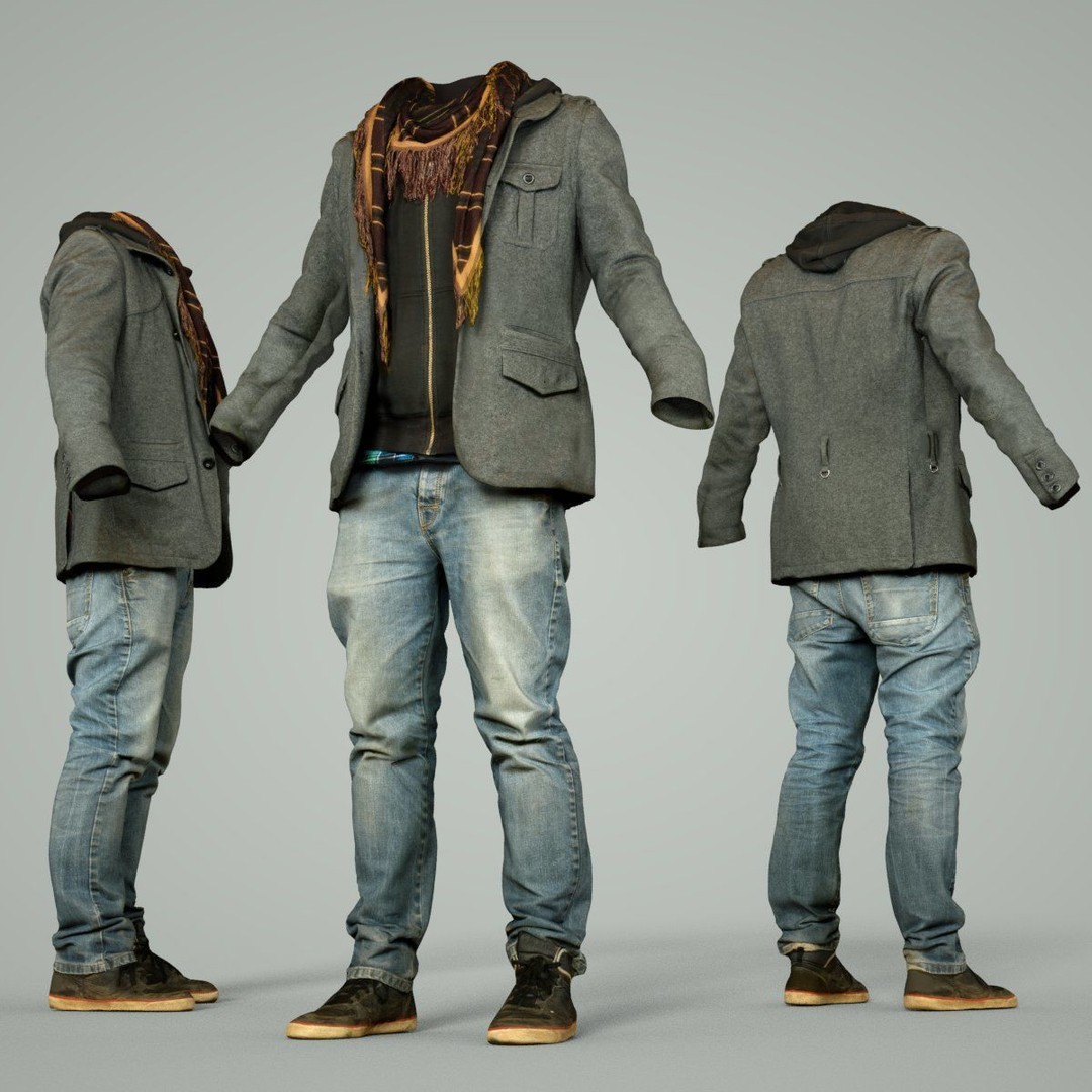 Male Casual Outfit 3D Model – Low Poly Jacket, Scarf, Jeans, Shoes - View 7