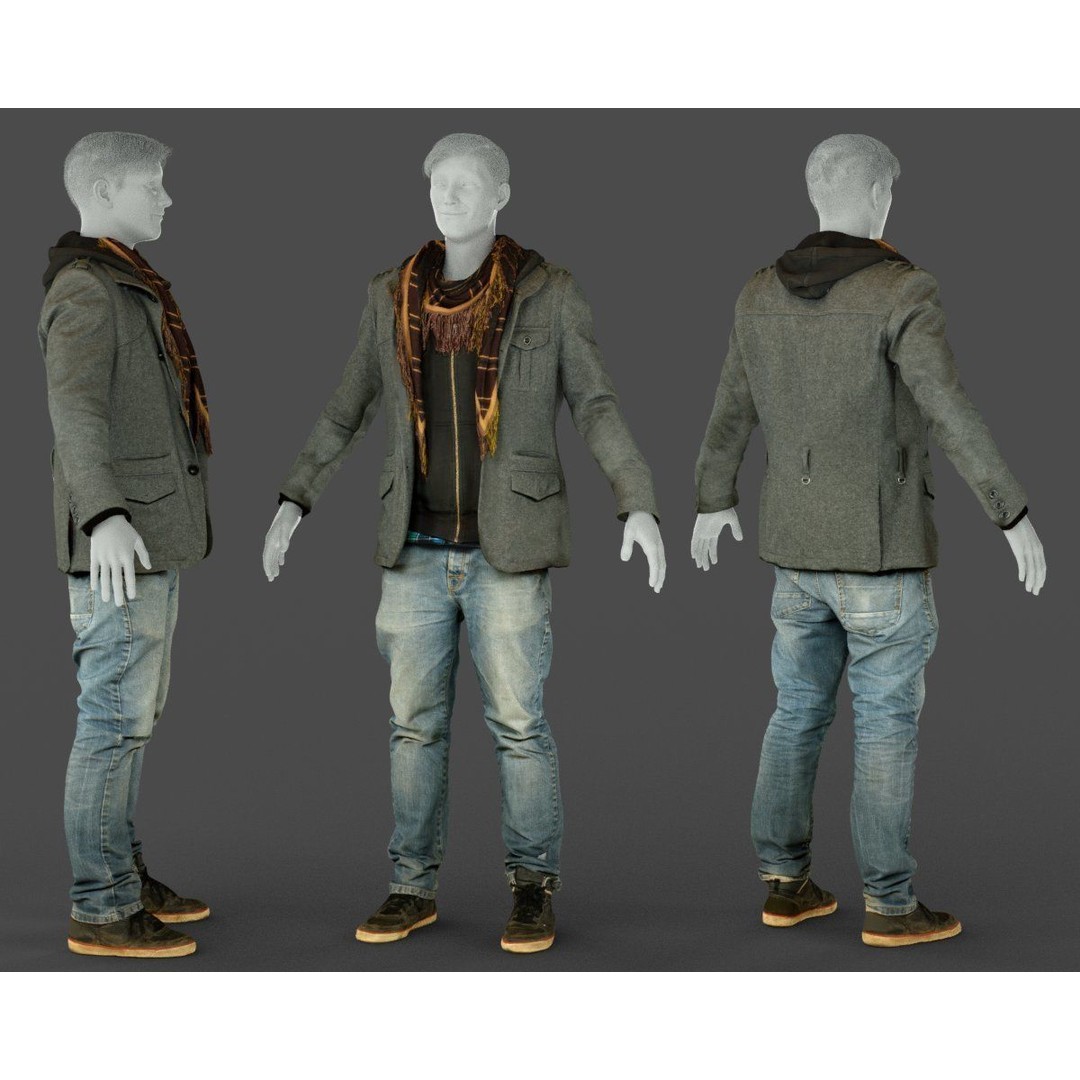 Male Casual Outfit 3D Model – Low Poly Jacket, Scarf, Jeans, Shoes - View 8