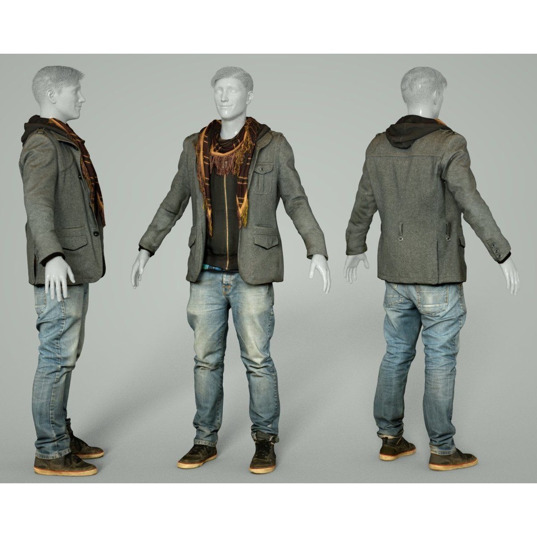Male Casual Outfit 3D Model – Low Poly Jacket, Scarf, Jeans, Shoes - View 9