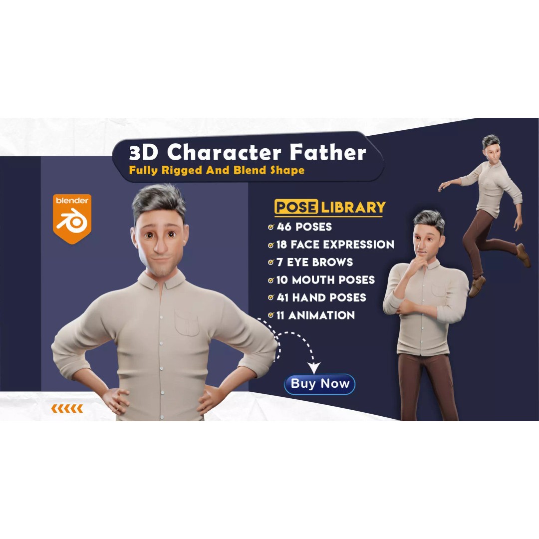 Pixar-Style Father Character 3D Model – Rigged Low-Poly Animation Asset, Blender - View 2