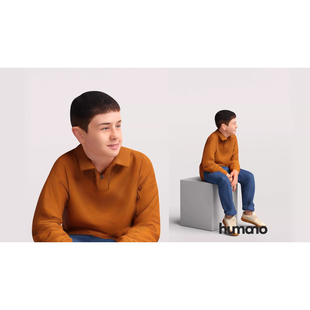 Humano Sitting Kid Boy 3D Model – Realistic PBR Character, FBX, Blender - View 2