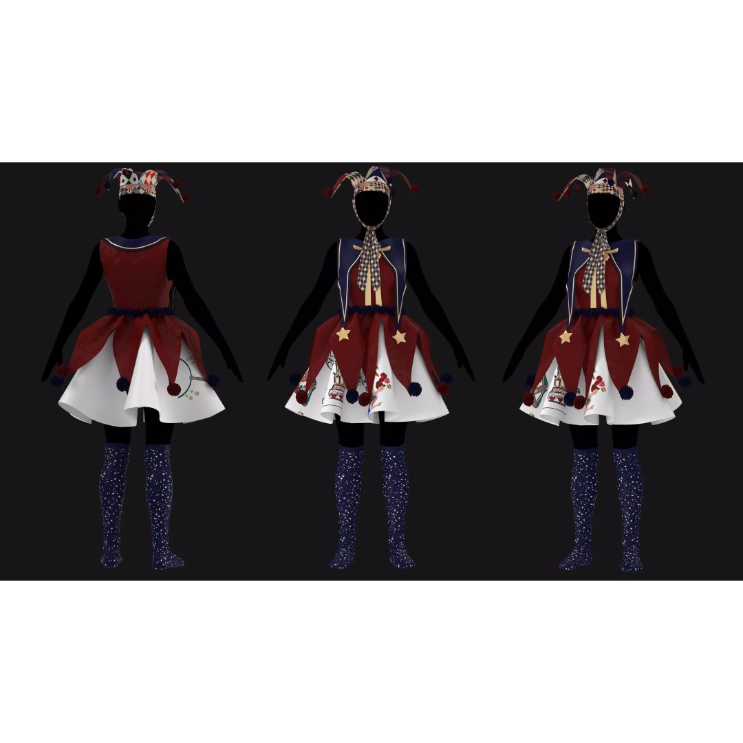 Female Clown Outfit 3D Model – High Poly Game-Ready Asset, FBX & OBJ - View 3