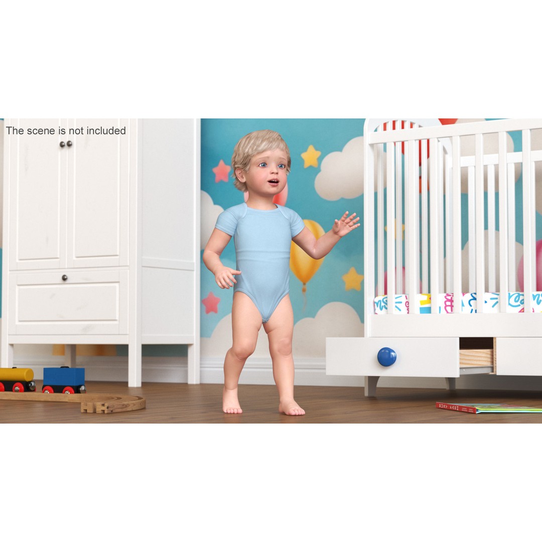 Boy Aged 1 Year 3D Model – Rigged Bodysuit Character for Animation - View 3