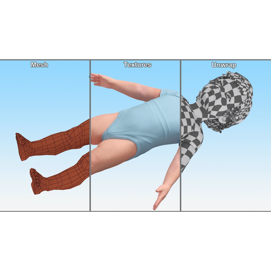 Boy Aged 1 Year 3D Model – Rigged Bodysuit Character for Animation - View 31