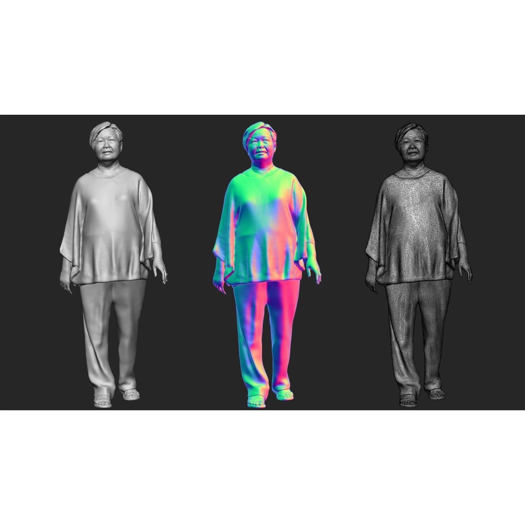 Old Lady Walking 3D Model – High Poly Character with Textures, OBJ
