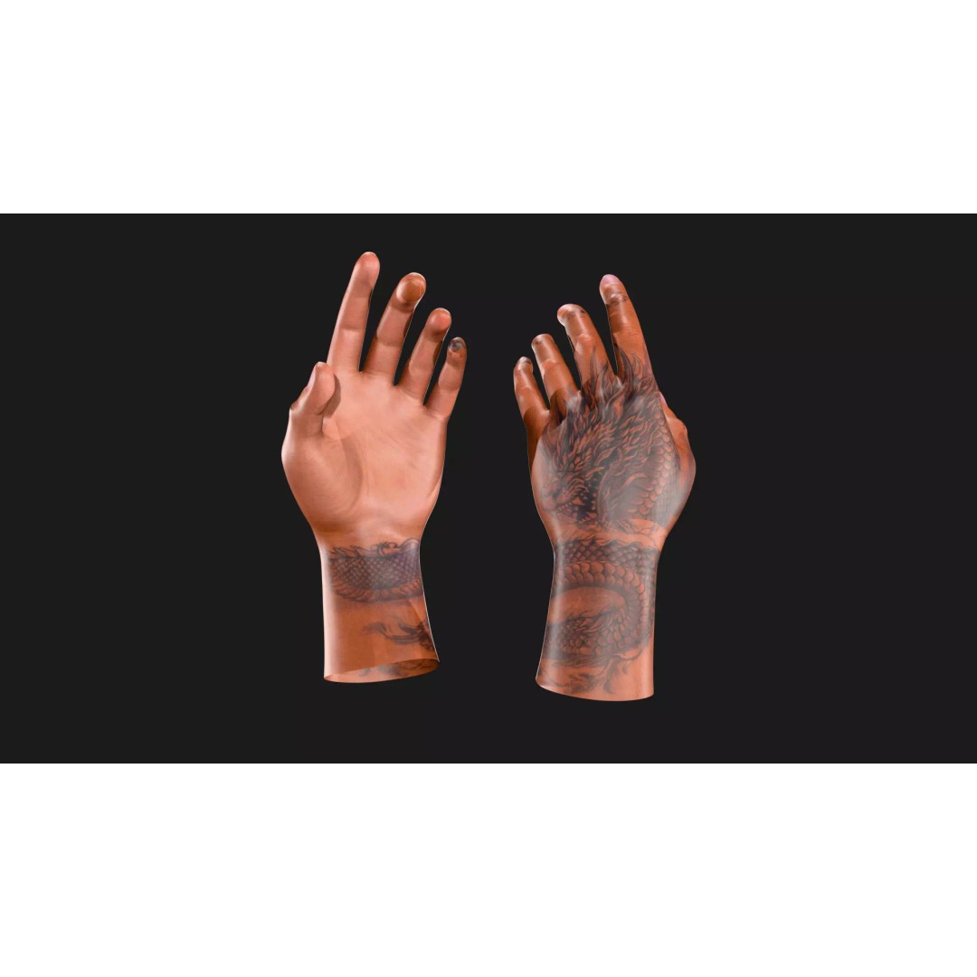 Realistic Dragon Tattoo Hands 3D Model – Detailed Male Hand Asset, FBX & Blender - View 3