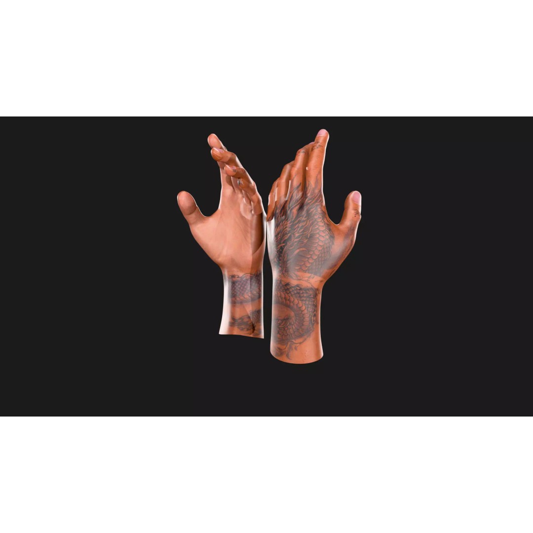 Realistic Dragon Tattoo Hands 3D Model – Detailed Male Hand Asset, FBX & Blender - View 4