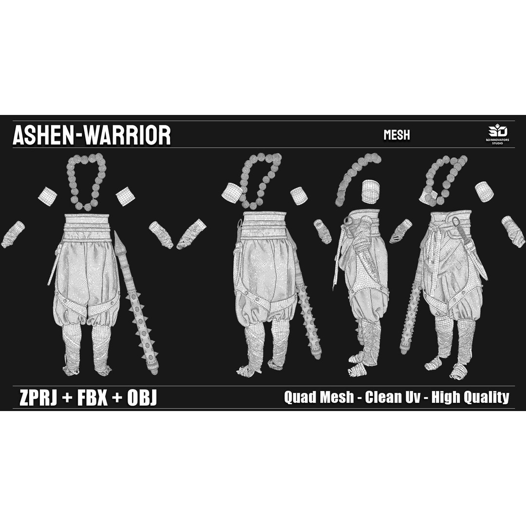 Ashen Warrior 3D Model – Fantasy Character, Game-Ready, FBX, OBJ - View 6