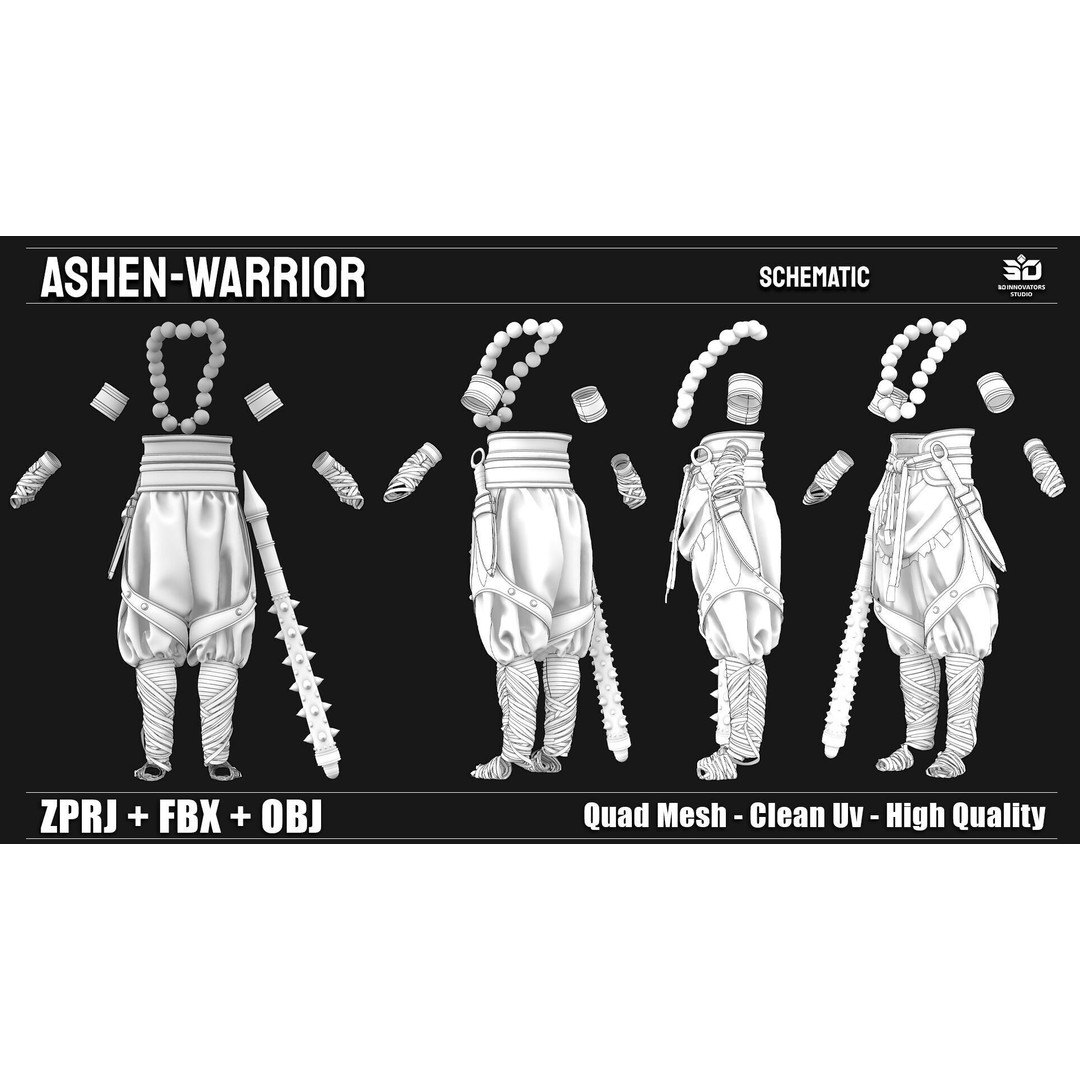 Ashen Warrior 3D Model – Fantasy Character, Game-Ready, FBX, OBJ - View 8