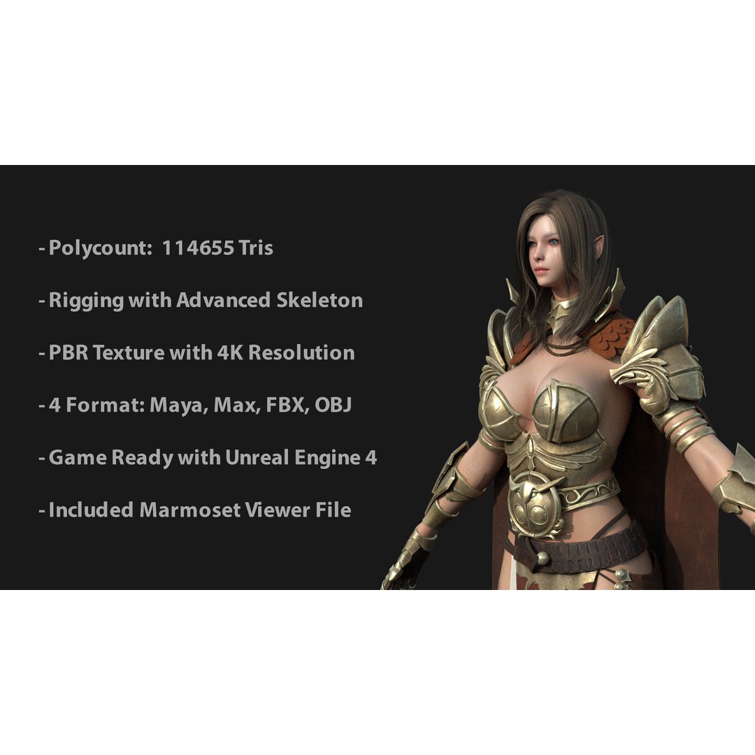 Valkyrie Warrior Girl 3D Model – Low Poly Rigged Character for Unreal - View 3