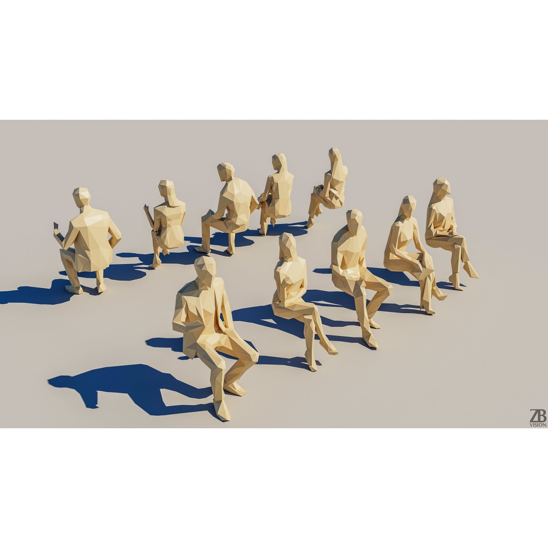 Lowpoly Sitting People 3D Model – Low Poly Character Pack, FBX, OBJ