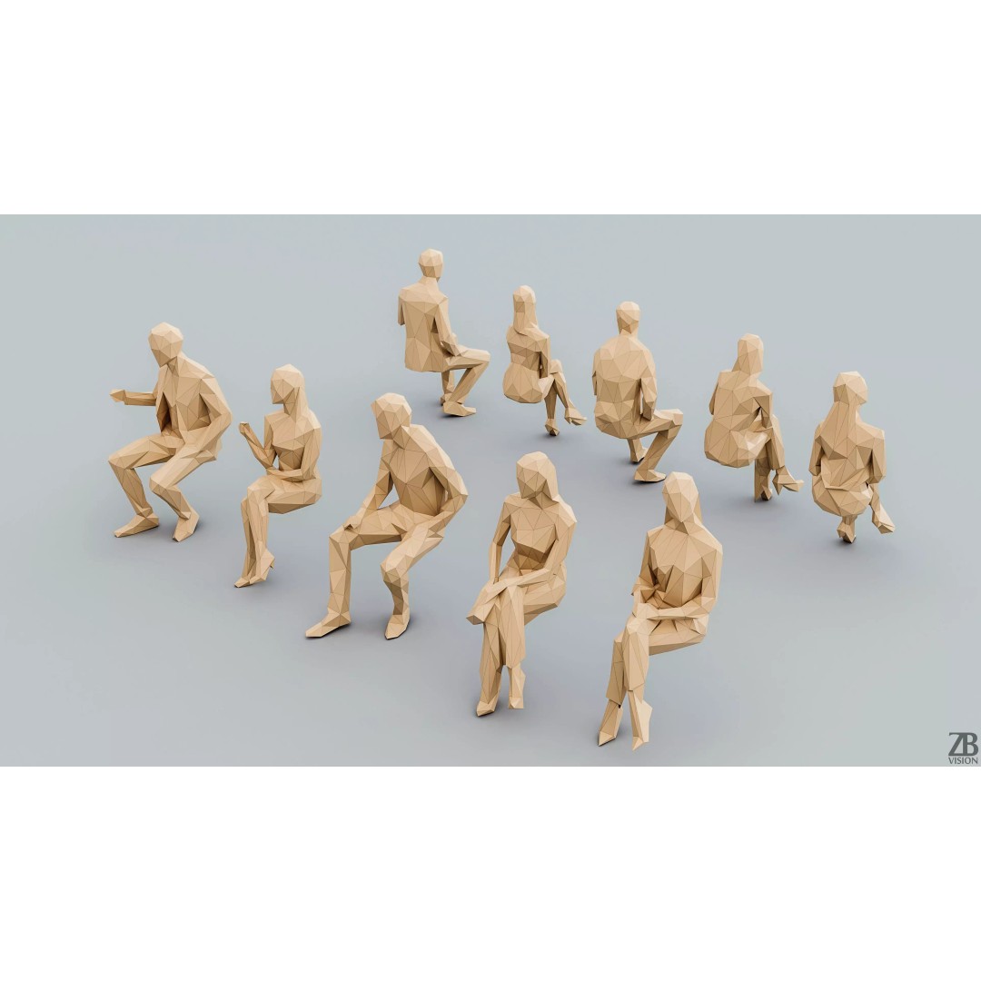 Lowpoly Sitting People 3D Model – Low Poly Character Pack, FBX, OBJ - View 2
