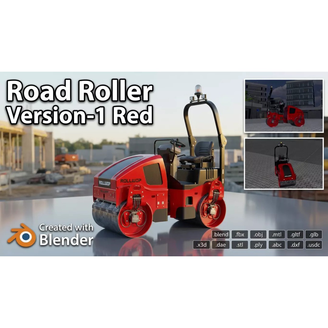 Road Roller 3D Model – Low Poly Construction Vehicle, FBX - View 2