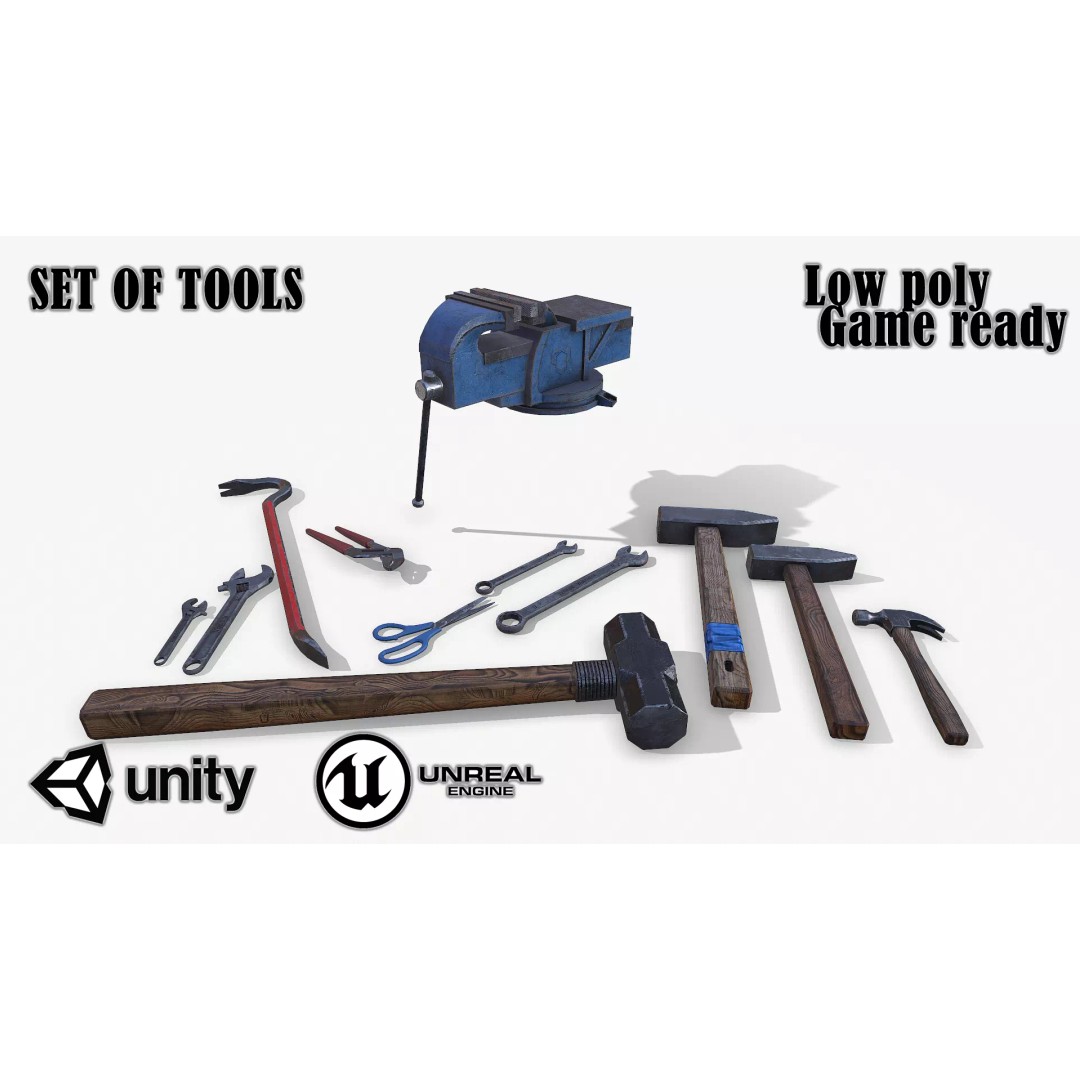 Set of Tools 3D Model – Low Poly Game Asset, FBX, PBR Textures - View 2