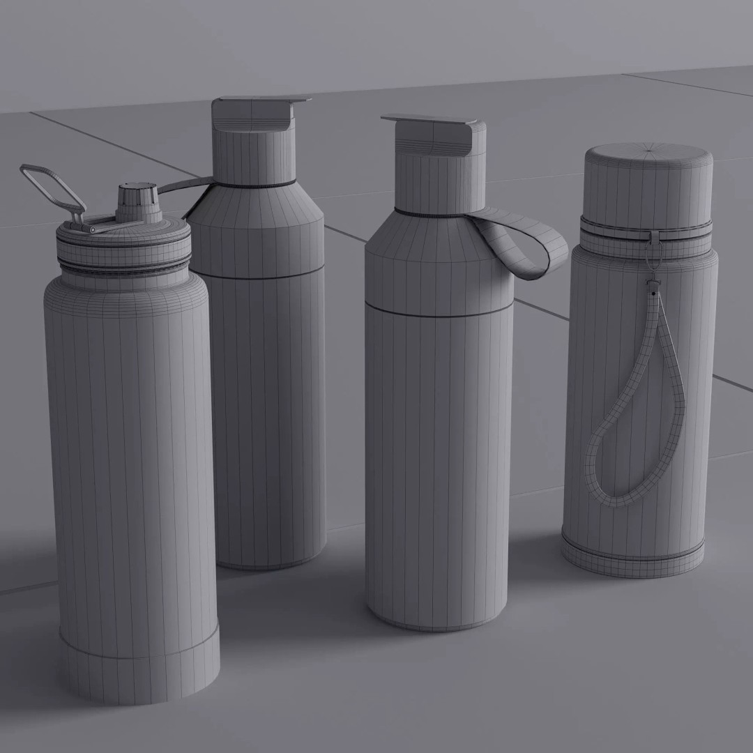 Water Bottle 3D Model – Modern Thermos Flask Set, FBX, PBR