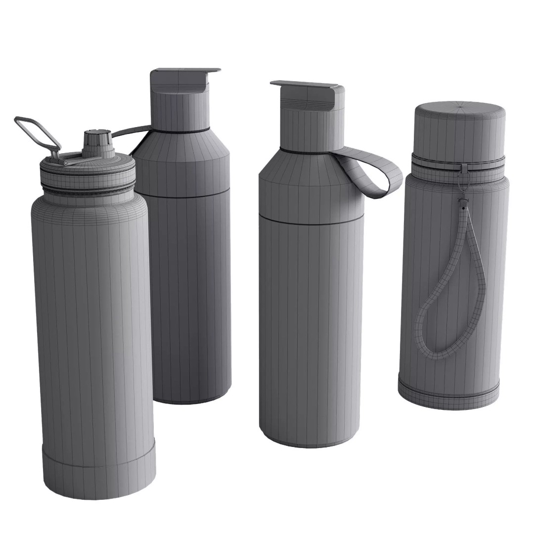 Water Bottle 3D Model – Modern Thermos Flask Set, FBX, PBR - View 12