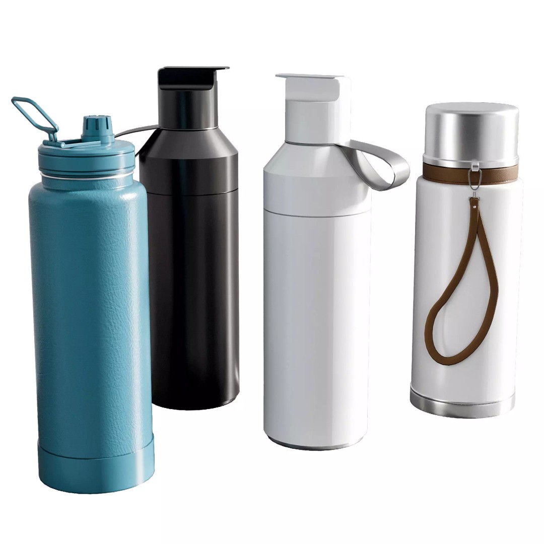 Water Bottle 3D Model – Modern Thermos Flask Set, FBX, PBR - View 2