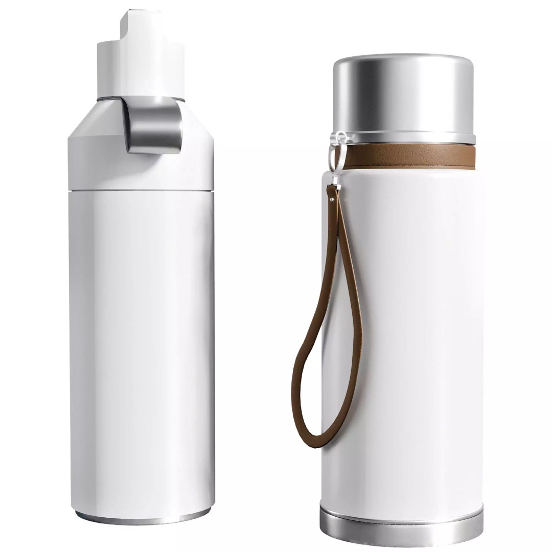 Water Bottle 3D Model – Modern Thermos Flask Set, FBX, PBR - View 3