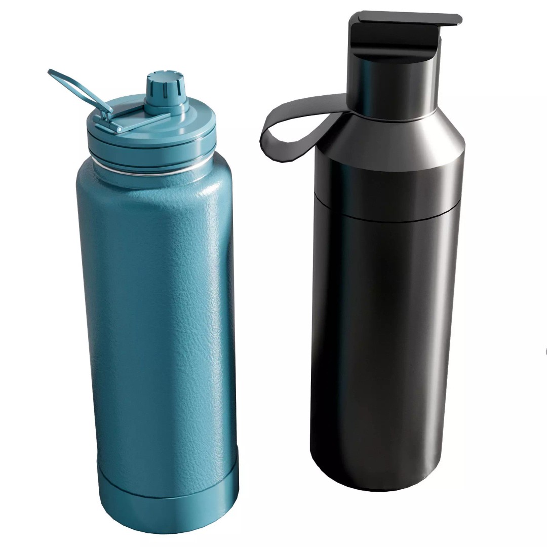 Water Bottle 3D Model – Modern Thermos Flask Set, FBX, PBR - View 4